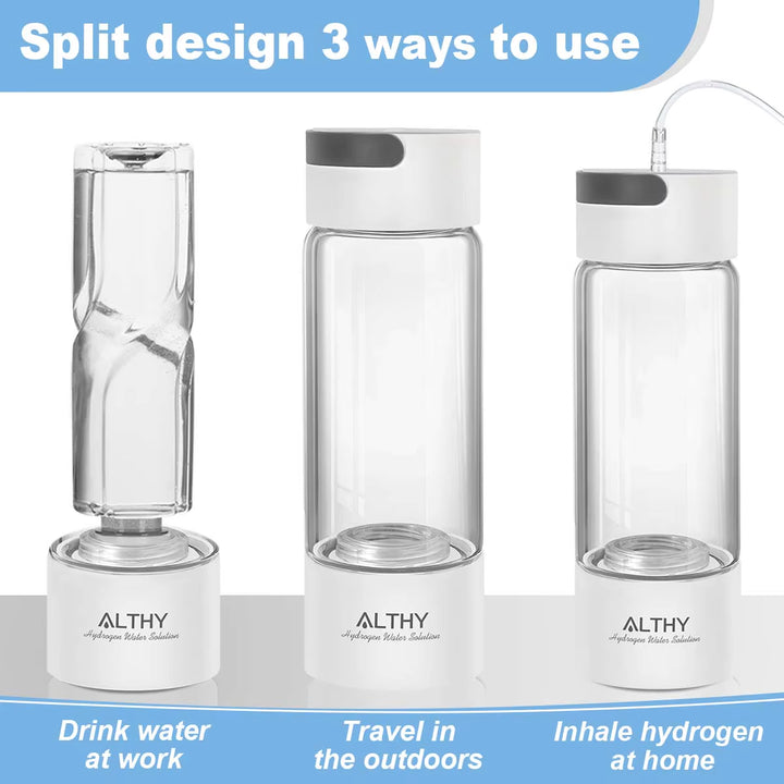 Hydrogen Rich Water Generator Bottle - Glass Cupbody - Dupont SPE & PEM Dual Chamber Maker Ionizer - H2 Inhalation Device