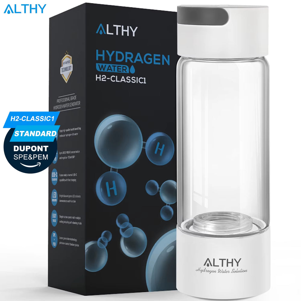 Hydrogen Rich Water Generator Bottle - Glass Cupbody - Dupont SPE & PEM Dual Chamber Maker Ionizer - H2 Inhalation Device