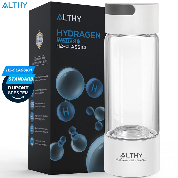 Hydrogen Rich Water Generator Bottle - Glass Cupbody - Dupont SPE & PEM Dual Chamber Maker Ionizer - H2 Inhalation Device