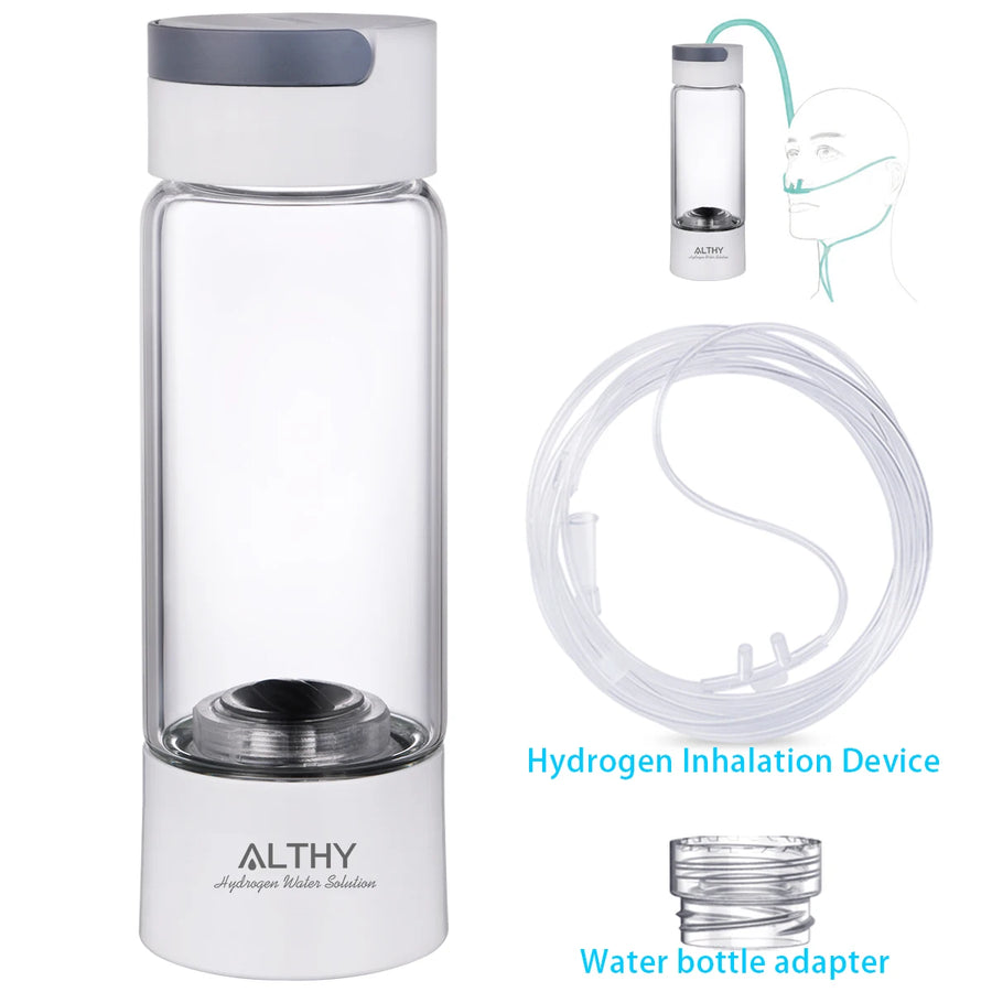 Hydrogen Rich Water Generator Bottle - Glass Cupbody - Dupont SPE & PEM Dual Chamber Maker Ionizer - H2 Inhalation Device